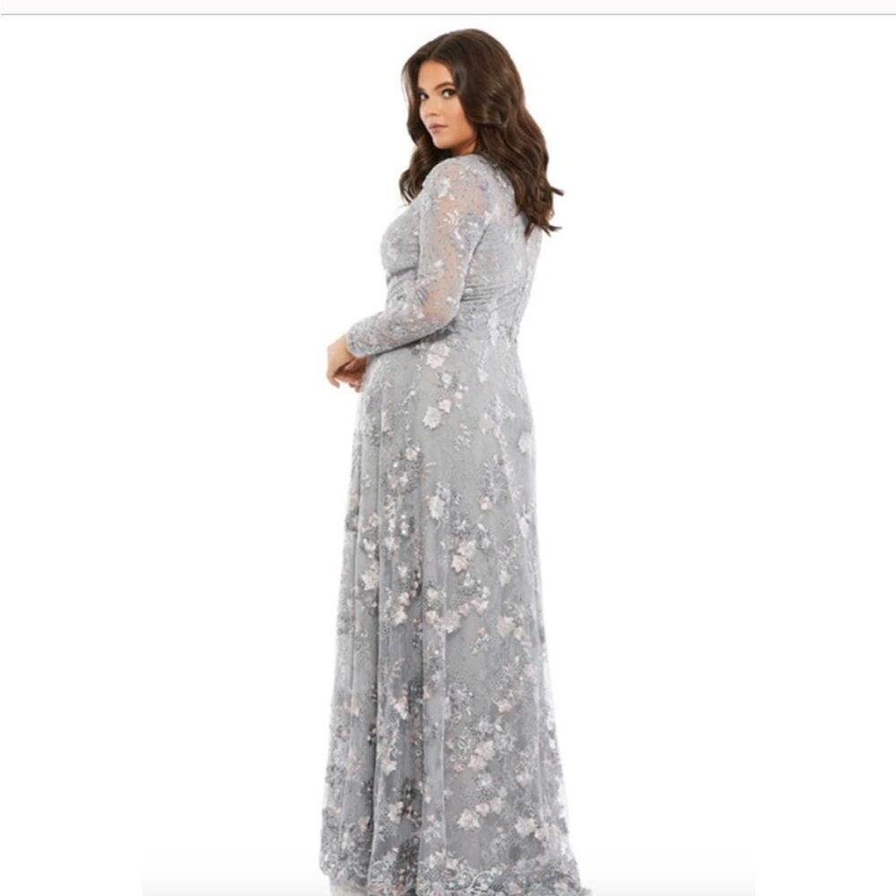 MAC DUGGAL Dress Size 14 Evening Gown Sequin Silver Gray Lace NEW Illusion